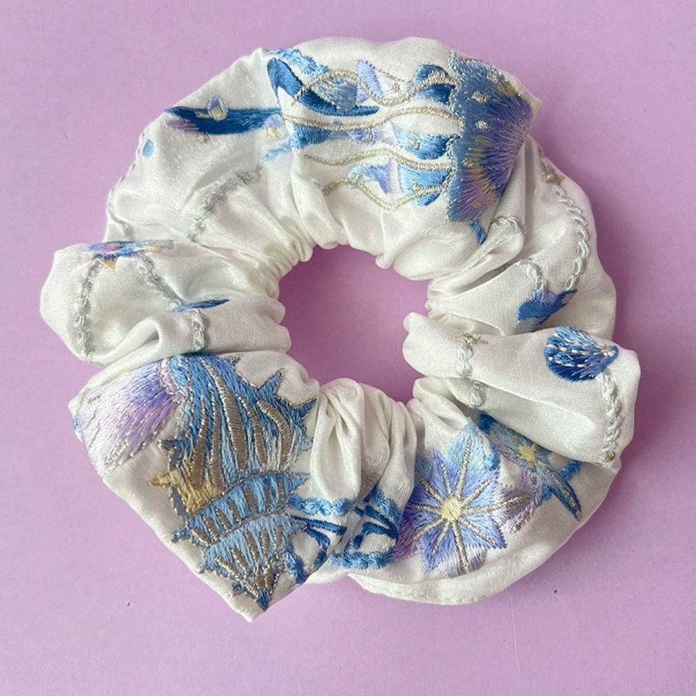 embroidery of seashells and jellyfish white satin hair scrunchie
